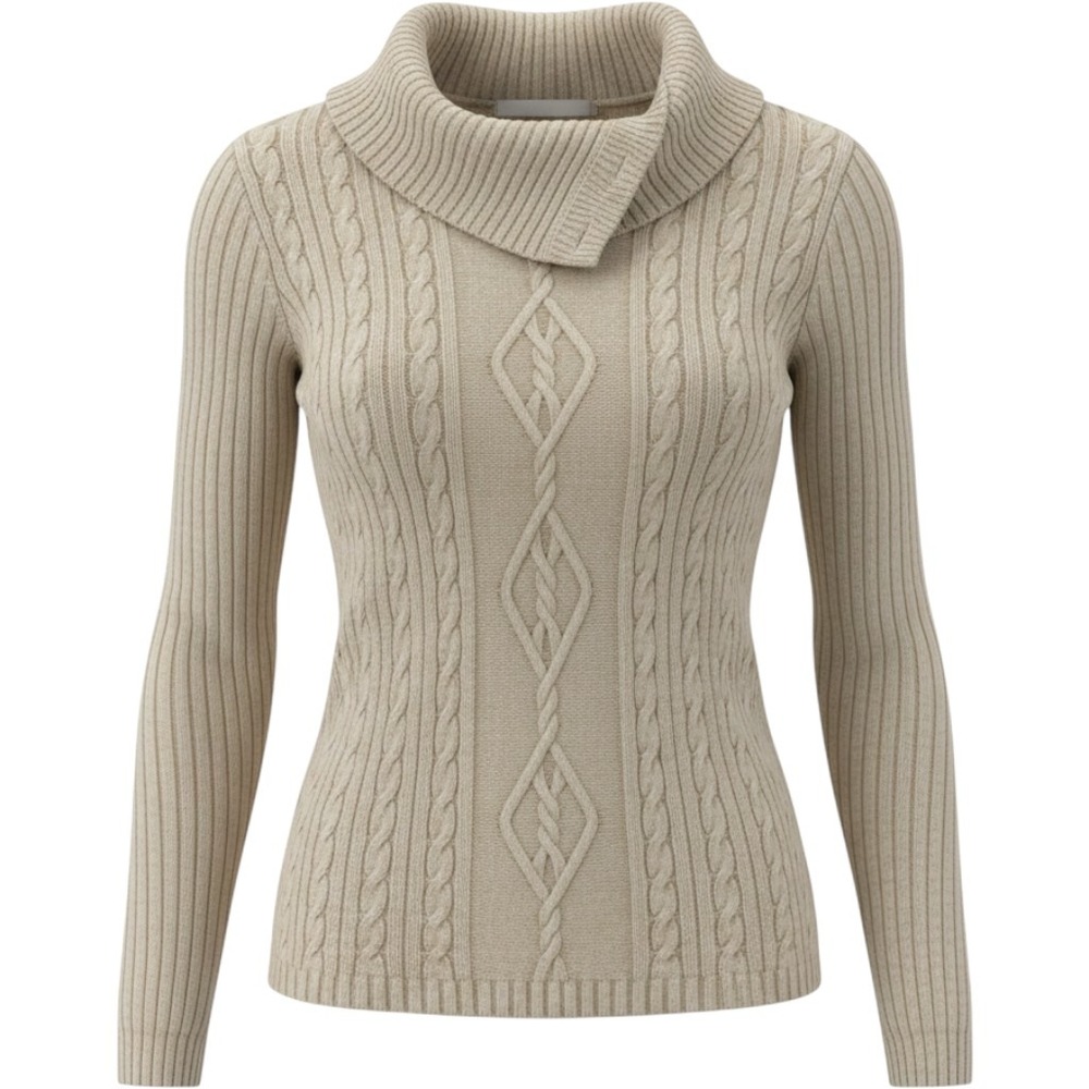 Style & Co Cowl Neck Sweater Womens Medium Petite Cream Metallic Cable Knit